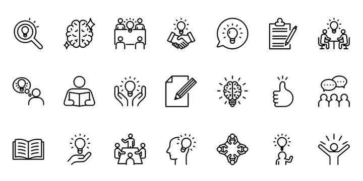 Line icon set related to ideas, inspiration, and business.