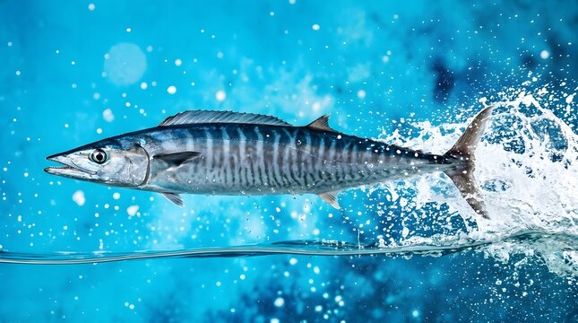 Fish, jumping water and splash for fishing, wahoo mackerel in ocean for marine life and seafood industry. Swimming fast, predatory animal and aquatic nature with blue background and liquid movement
