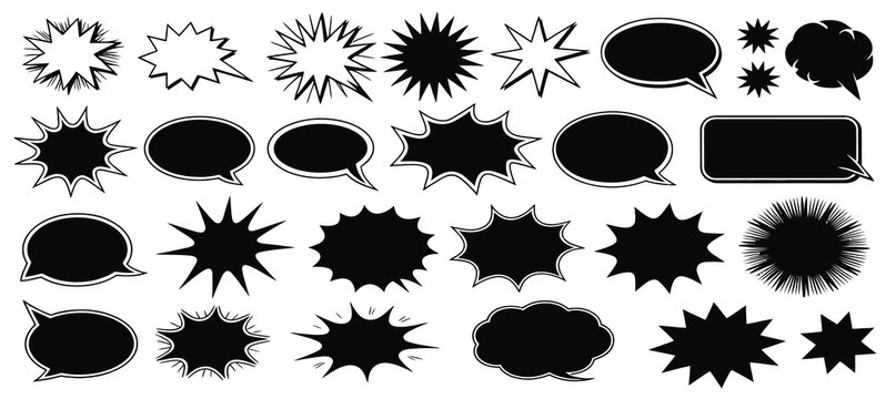 Large collection of comic book speech bubbles and starburst explosion shapes in black and white for manga and pop art design.