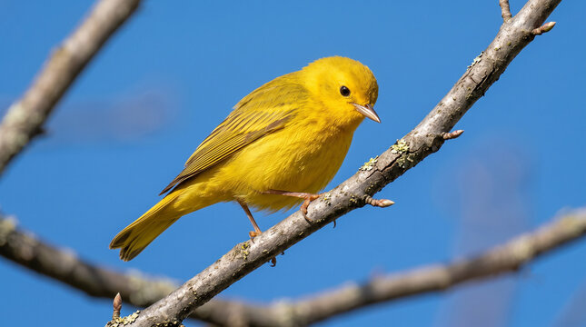 Vibrant Golden Yellow Songbird Perched on a Sunlit Tree Branch Against Blue Sky