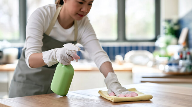 Woman disinfecting kitchen counter with spray and cloth