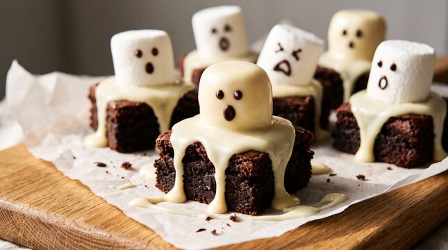 Spooky Halloween ghost brownies on wooden board, delicious chocolate ghost treats for autumn holiday party dessert