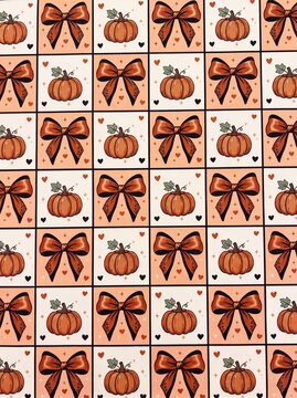 Fall Checkerboard Seamless Pattern with Pumpkins, Burnt Orange Bows, Hearts, and Stars