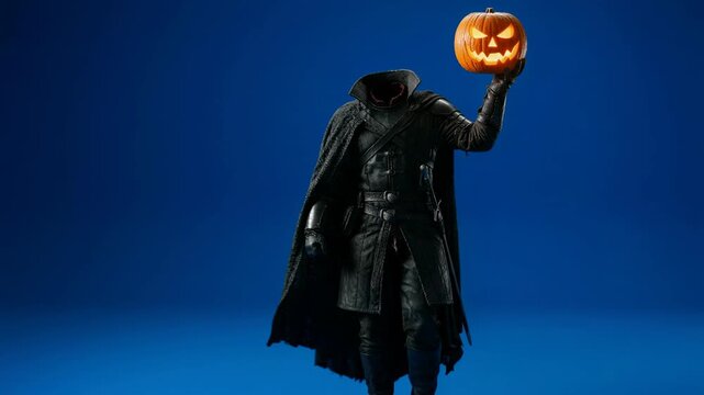 Headless horseman in dark armor holding glowing jack-o-lantern, walking on blue screen background. Halloween horror character. Sleepy Hollow legend. Spooky holiday and monster costume