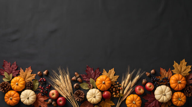 Autumn harvest border arrangement featuring small orange and white pumpkins, colorful maple leaves, acorns, pinecones, wheat stalks, and apples along the bottom against a dark textured backg