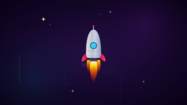 Flat vector illustration of a space rocket launching into the dark night sky.