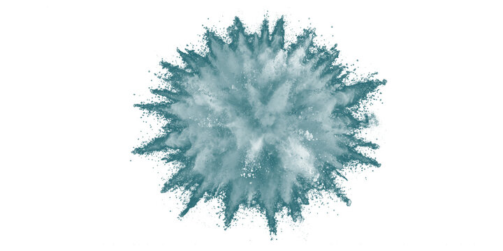 Teal green powder explosion shaped like a spiky round starburst with dust and particles on transparent background