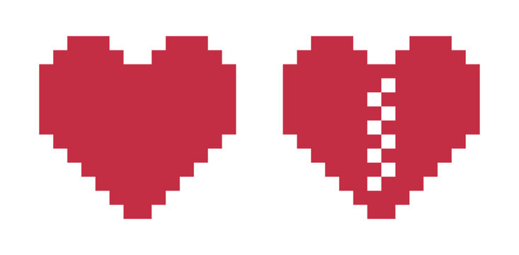 Pixelated Heart: A comparison between a whole red heart and a broken red heart, rendered in pixel art style, representing love and heartbreak.