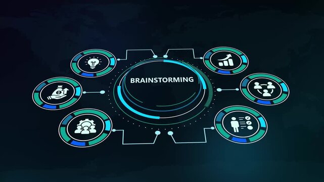 Futuristic HUD digital interface concept showing brainstorming text with creative idea innovation icons.