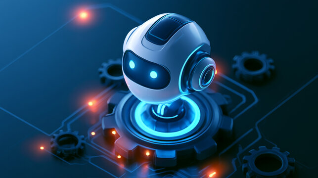 A futuristic robot with glowing blue accents, resting on a gear in a high-tech environment. This image represents advanced technology, innovation, and the future of robotics.