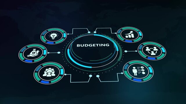 Futuristic HUD digital interface concept showing budgeting text with financial growth planning icons.