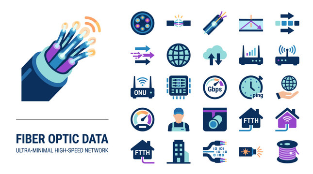 Fiber Optic Data Transmission and High Speed Network Technology Icons