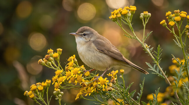  Small Brown Songbird Perched Among Vibrant Golden Yellow Wildflowers in a Woodland Garden