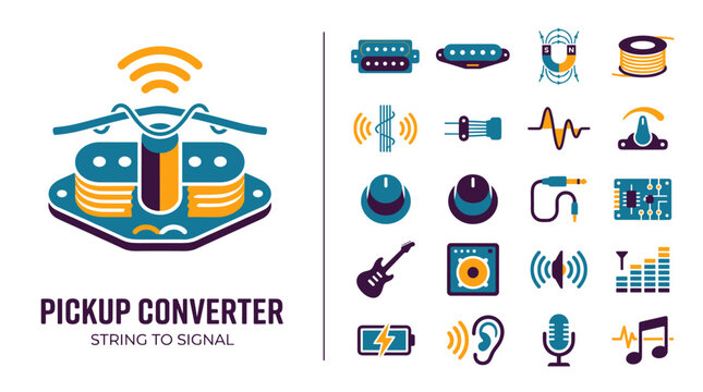 Guitar Pickup Converter and Music Technology Icons Set