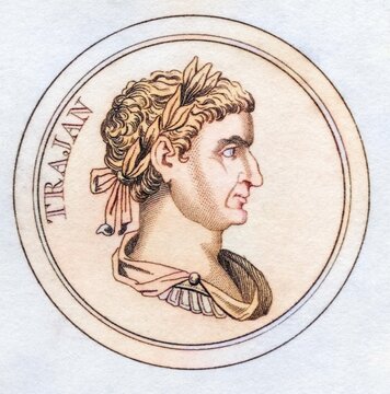 Trajan Marcus Ulpius Nerva Traianus AD53, 117 Roman Emperor from the book Crabbs Historical Dictionary from 1825, Historical, digitally restored reproduction from an original from the 19th century, Record date not stated
