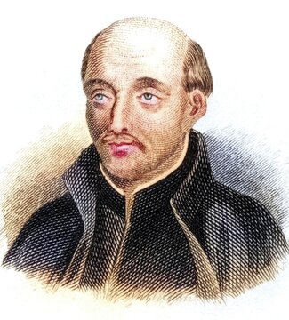 Ignatius of Loyola SJ (born 1491 at Loyola Castle, Basque Country, Kingdom of Castile, died 31 July 1556 in Rome) was co-founder of the Society of Jesus, later known as the Jesuit Order, from the book Crabbe's Historical Dictionary, 1825, Historical, coloured, digitally restored reproduction from a 19th century original, Record date not stated