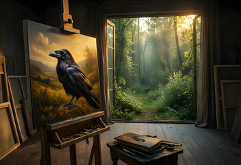 Fototapeta premium Creativity and artistic inspiration, oil painting of a raven on an easel in a rustic studio with a view of a sunlit forest landscape at golden hour