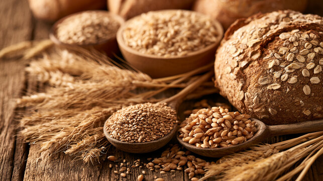 An assortment of grains and freshly baked bread on a rustic wooden table, showcasing the natural textures and colors of wheat and oats, ideal for culinary themes.
