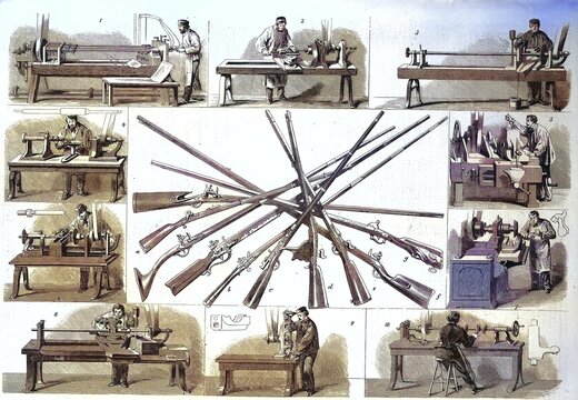 1869, Gun making, Gun industry, Gunsmiths, Gun factory of Dreisse in Liege, Li&egrave;ge, Belgium, Historic, digitally restored reproduction of an original 19th century artwork, exact original date unknown