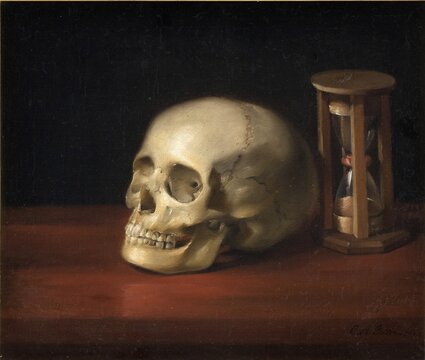 Skull and hourglass, passage of time, Historical, digitally restored reproduction from a 19th century original