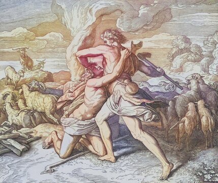 Biblical story, Cain kills his brother Abel, digitally enhanced reproduction of a wood engraving by Julius Schnorr von Carolsfeld, historical, around 1860, exact date unknown
