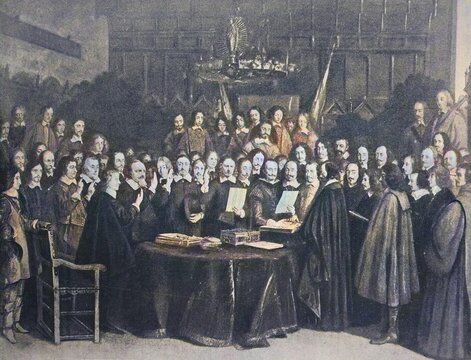 The Treaty of M&uuml;nster or Peace of Westphalia, The Swearing of the Oath of Confirmation of the Treaty of M&uuml;nster 1648, Germany, Historical, digitally restored reproduction of a 19th century original
