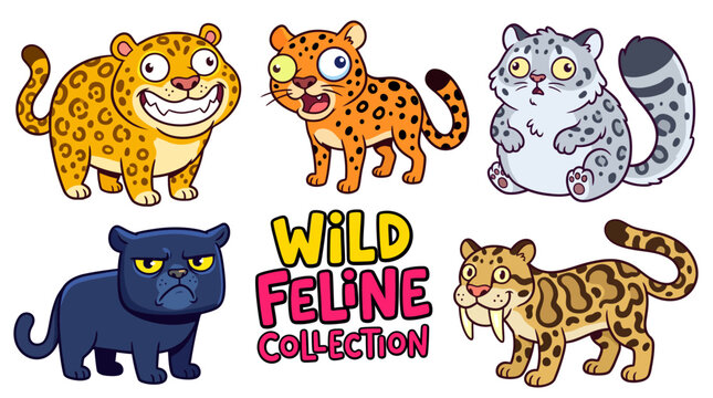 wild feline collection set of leopard jaguar snow leopard clouded leopard and panther predator portraits exotic animals spotted patterns powerful wildlife illustration