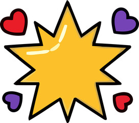 Fototapeta premium A vibrant bright yellow star featuring a bold black outline is playfully encircled by four colorful hearts on a simple white backdrop