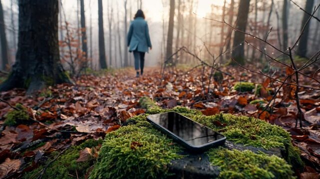 Woman leaves her smartphone on a mossy stump and walks away through an autumn forest, illustrating digital detox, technology dependence, mindfulness and disconnecting from online life.