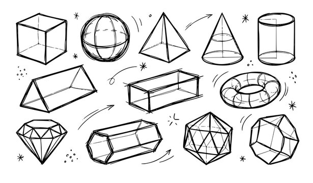 Hand Drawn 3D Geometry Shapes Doodle Outline Vector Collection