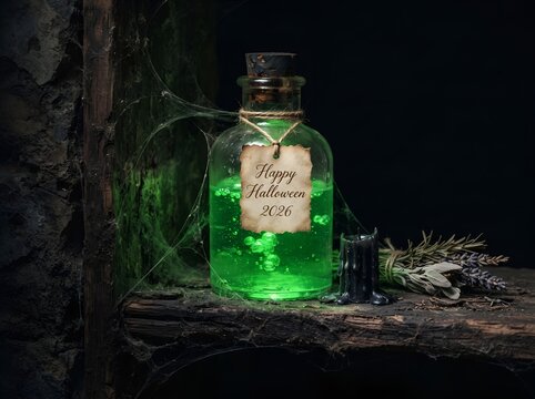 Glowing green potion bottle with parchment label reading Happy Halloween 2026, cobwebs and candle