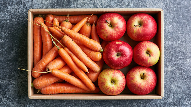 Cardboard box of misshapen carrots and blemished apples, imperfect produce arranged on gray surface, highlighting natural variation and fresh food
