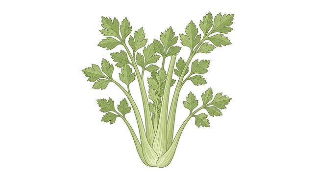 A fresh green celery stalk with leaves isolated on a white background.