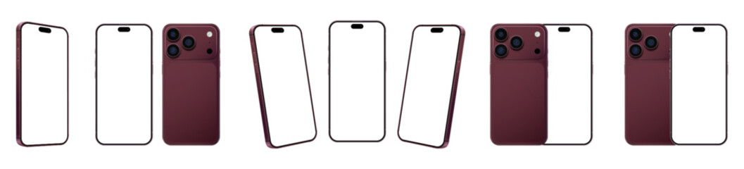 Obraz na płótnie Canvas iPhone 18 Pro in Burgundy color. Smartphone mockup collection 3D mobile phone. Mockup screen front view iphone with empty screen and back side phone
