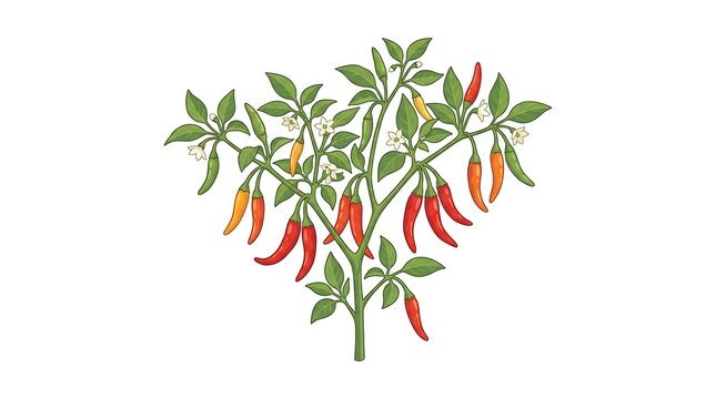 Illustration of a small chili pepper plant with red and orange peppers and green leaves.