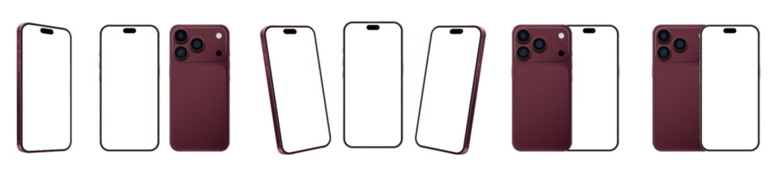 iPhone 18 Pro in Burgundy  color. Smartphone mockup collection 3D mobile phone. Mockup screen front view iphone with empty screen and back side phone