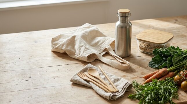 A wooden table with a reusable tote bag, a metal water bottle, a glass container with a lid, and fresh vegetables including carrots and leafy greens. 