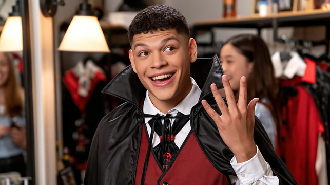 Costume vampire cape person Halloween smiling young man tries black vampire cape over red costume thrift store, smiling as shoppers browse racks