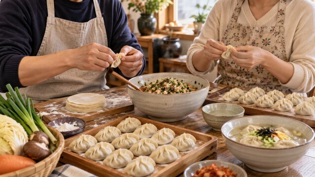 Making traditional Korean mandu dumplings for Seollal soup