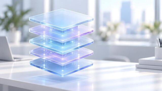 Floating 3D glowing transparent glass layers on an office desk representing software stack architecture and cloud computing system