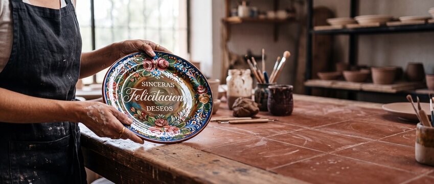 Artisan holding hand painted ceramic plate with Spanish congratulations text in a rustic pottery studio workshop showcasing traditional craftsmanship handmade floral decor and authentic creative hobbi