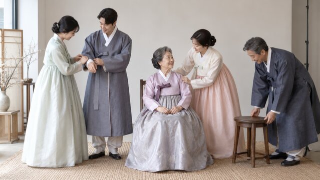 Korean family in traditional hanbok preparing for a studio portrait