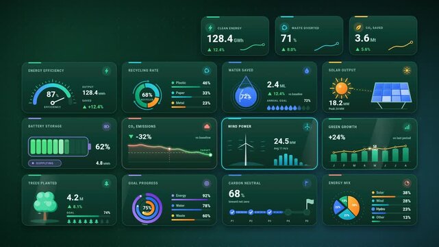 ESG Sustainability and Net Zero Carbon Neutral Dashboard UI Animation on Dark Green
