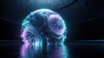 Fototapeta premium Futuristic digital sphere glows with blue, purple light in dark industrial space. Abstract cyber orb shows complex network connections, artificial intelligence data. Modern tech background features