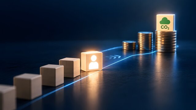 Glowing digital user icon leading wooden blocks towards stacked coins with CO2 cloud illustrating carbon offset leadership and sustainable investment path
