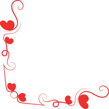 Red Heart Corner Border with Elegant Swirls and Curls on White Background, Romantic Vector Frame with Copy Space