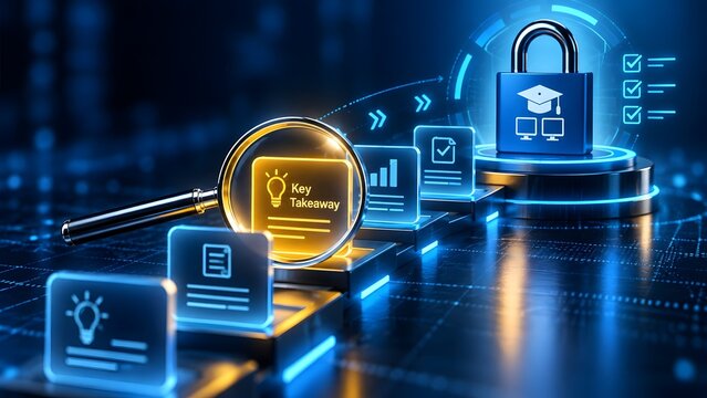 Magnifying glass highlighting Key Takeaway text on digital steps next to secure padlock icon representing protected e-learning journey