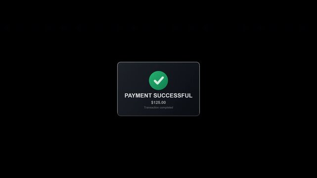 A smooth glassmorphism UI popup animation for a successful payment, featuring a spring-scale entrance, a highly precise animated checkmark, and a fade-out exit.