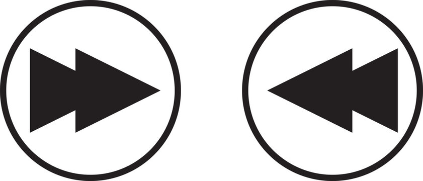 Two circular buttons with double arrow symbols, one pointing right for fast forward and one pointing left for rewind, isolated on white background isolated on a transparent background