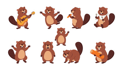Cute beaver cartoon character vector set. Beavers playing guitar, eating wood, holding log, fork and spoon. © CREATIVE STUDIO BD